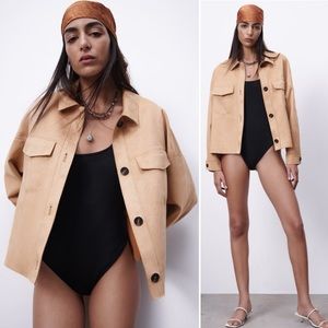 NWOT Zara Faux Suede Boxy Shacket Oversized Jacket Khaki Beige Tan Size XL